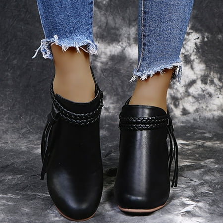 

Retro Women Tassel Wedges Zipper Solid Color Short Booties Round Toe Shoes