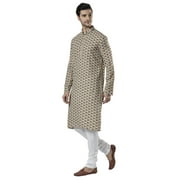 Ethnix Mens Banded Collar All-Over Diamond Print Indian Kurta Tunic Pajama Set; Beige; SM