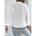 thumbnail image 5 of Women Vintage Knit V-Neck Hollow Contrast Stripe Lantern Long Sleeve Loose Knit Pullover Sweater White S, 5 of 10