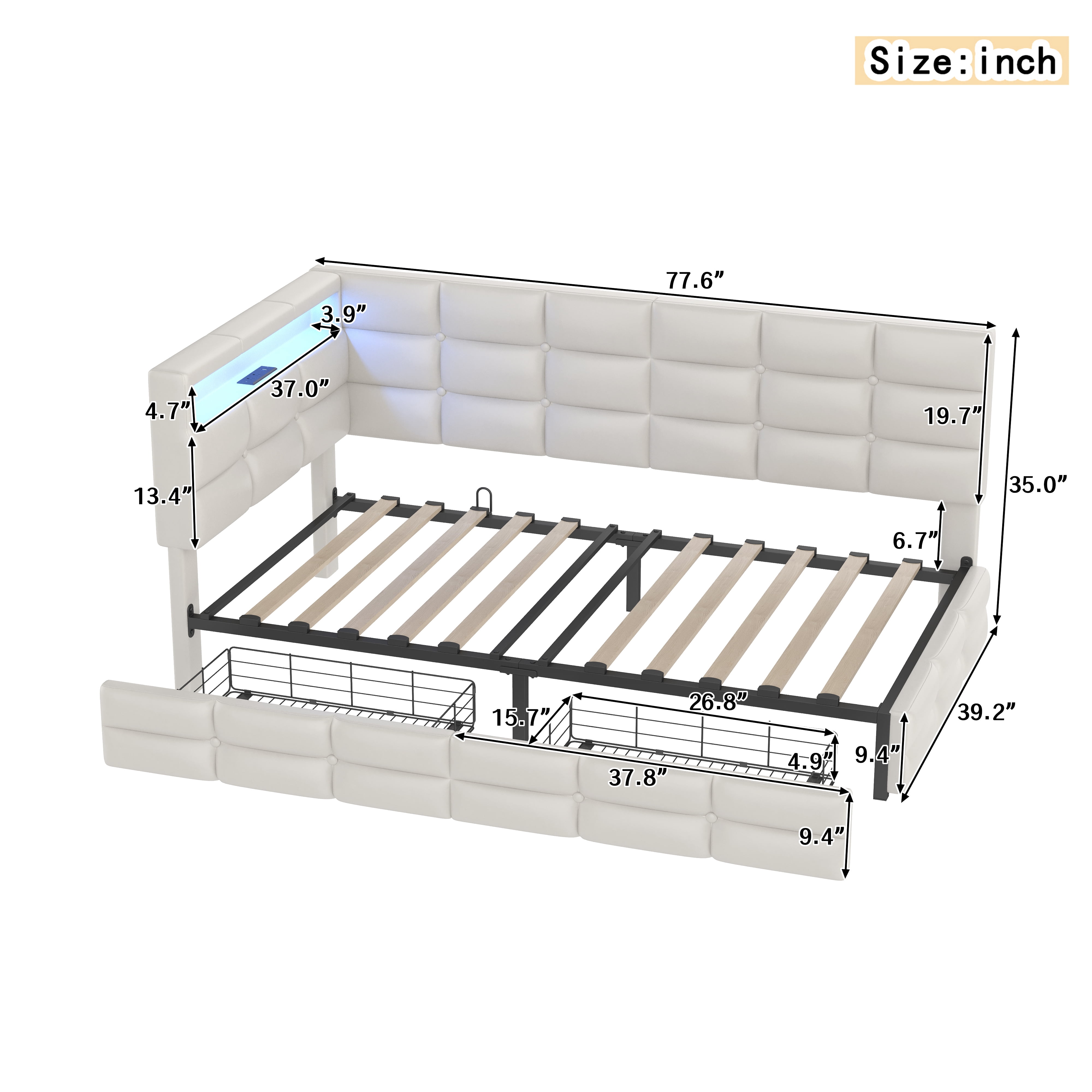 Euroco Upholstered Twin Size Daybed with Storage Headboard and Drawers, Sofa Bed with LED Light and USB Charging, Beige