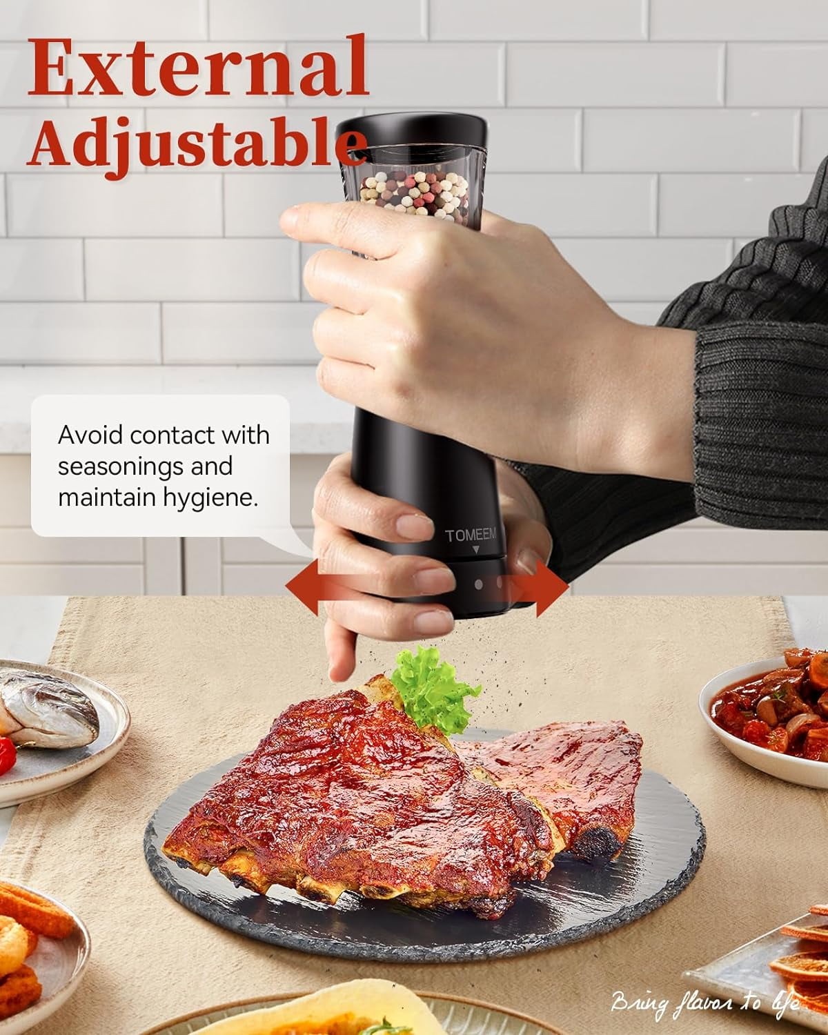 Tomeem Electric Salt and Pepper Grinder Set Rechargeable Adjustable Coarseness Stainless Steel Automatic Shaker with Light