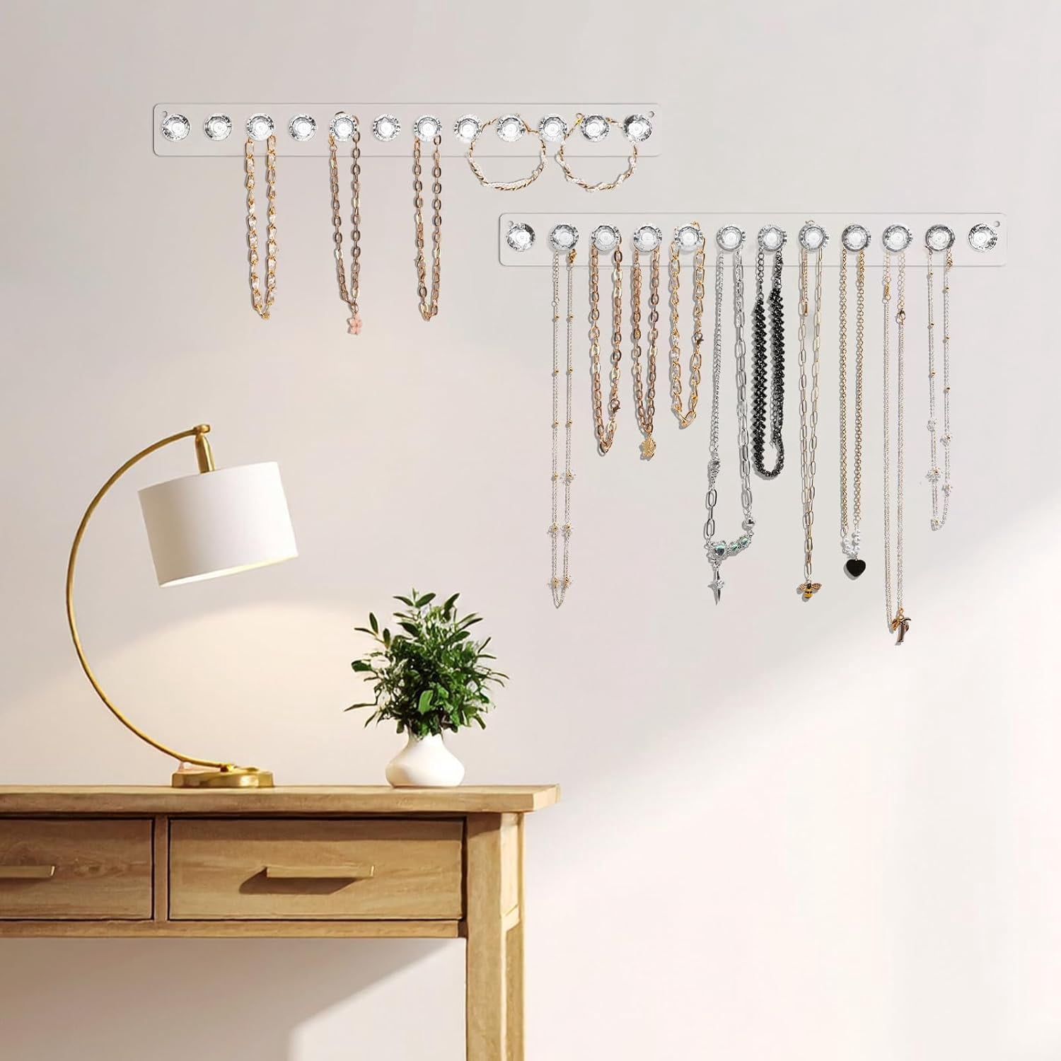 ABPETE Acrylic Necklace Holder, Necklace Hanger Wall Mount, Diamond Shape Jewelry Organizer with 12 Hooks for Necklaces, Bracelets, Chains,Clear Crystal Display Rack for Women(4-Pack)
