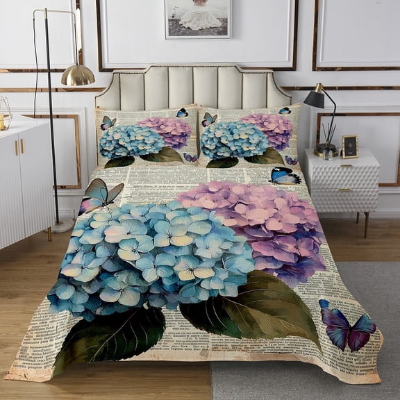 Colorful Butterfly Quilt Set Blue Purple Hydrangea Bedspread Twin Rustic Farm Floral Coverlet Set Dreamy Butterfly Print Bed Set Romantic Style Bedding