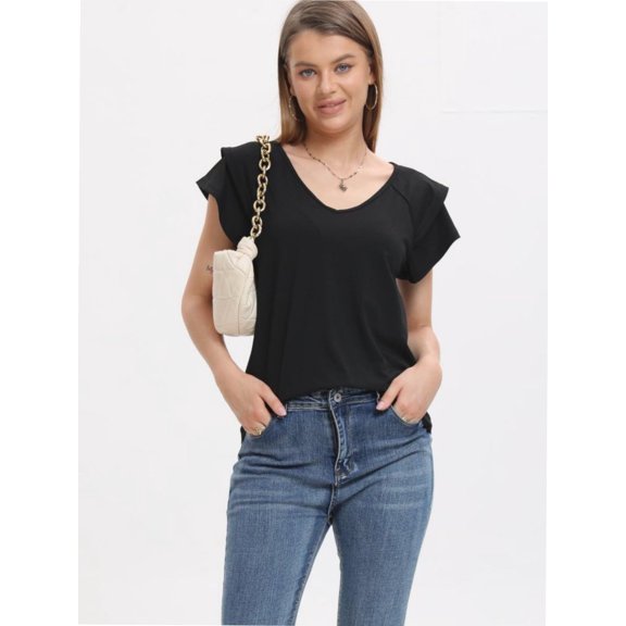 Women's Loose-Fit V-Neck T-Shirt - Summer Short Sleeve Casual Top with Double-Layer Ruffled Hem - Solid Color
