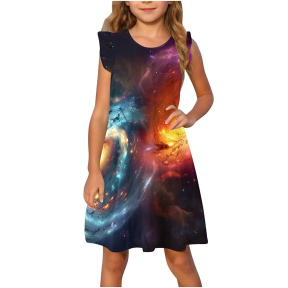 Nskgu Girls Dress Kids Summer Sleeveless Birthday Sundress Swing Outfit Starry Printed Round Neck Sundress for Home Party Birthday