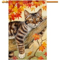 Fall Cat House Flag 28 x 40 Vertical Double Sided Autumn Leaves Thanksgiving Holiday Outside Decorations Burlap Yard Flag BW699-40