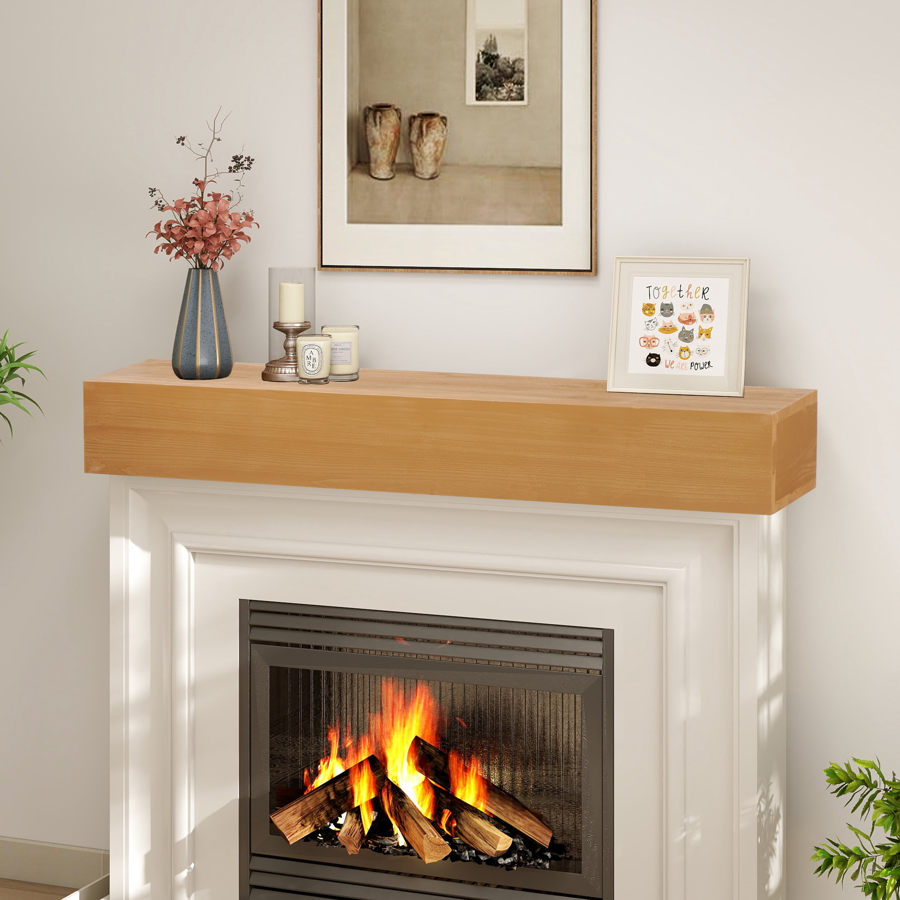 48" Rustic Wood Fireplace Mantel | Wall-Mounted & Floating Shelf for Home Decor