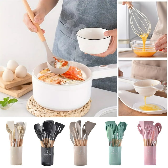 Iumwxz Kitchen Gadgets Wooden Handle Kitchenware Set 14 Piece Round Barrel Set Non Stick Pot Cooking Spoon Kitchen Tools Kitchen Utensil Set Pink Silica Gel Deals on Home