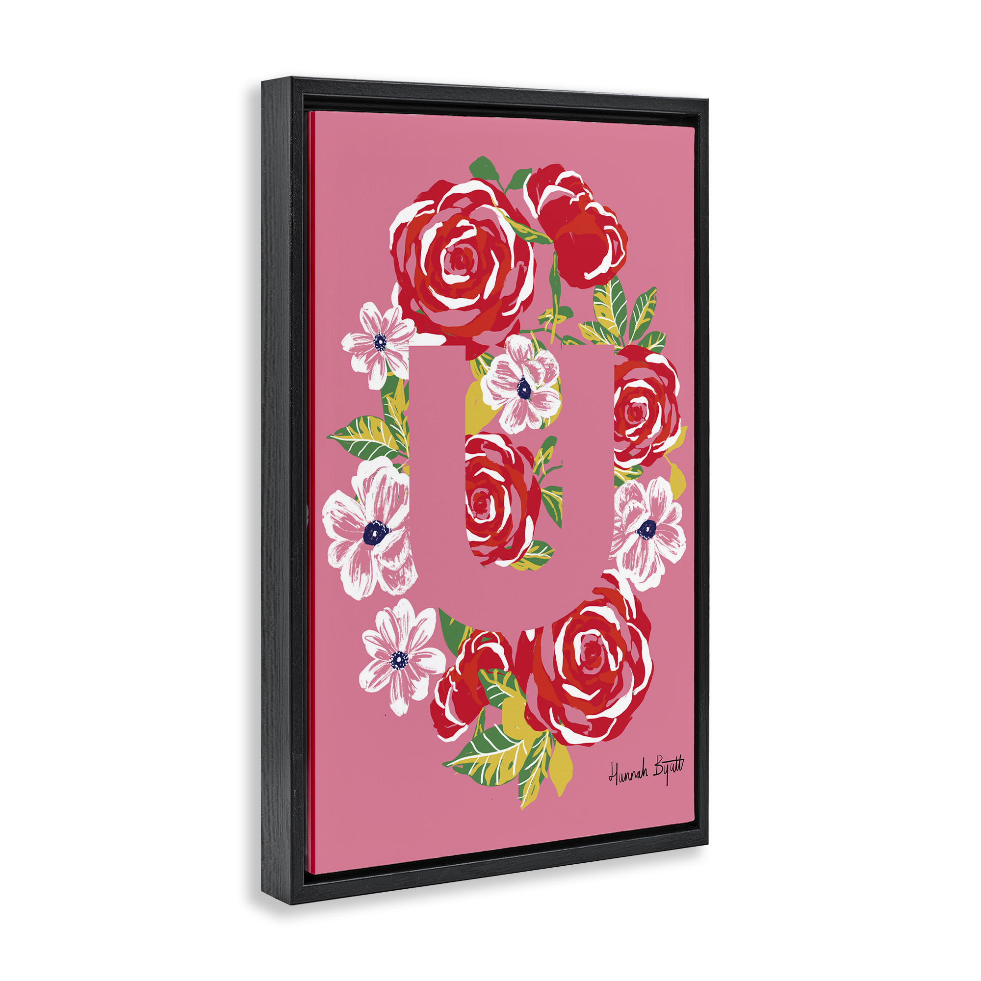 Stupell Industries Floral Bloom Letter U Botanical & Floral Painting Black Floater Framed Art Print Wall Art, 21 x 31
