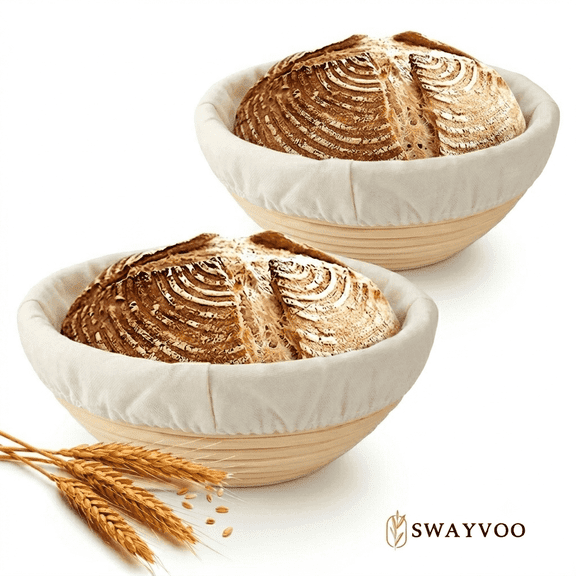 Swayvoo Banneton Bread Proofing Basket Set of 2, 9-Inch Round Rattan Baskets with Liners, Sourdough Baking Supplies