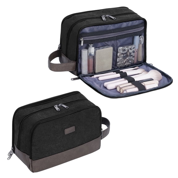 WANDF Large Toiletry Bag for Men Women,3 Compartments Travel Size Toiletry with Wet Pocket,Cosmetic Organizer with Securing Straps,Water-Resistant Dopp Kit Shave Bag(Black)