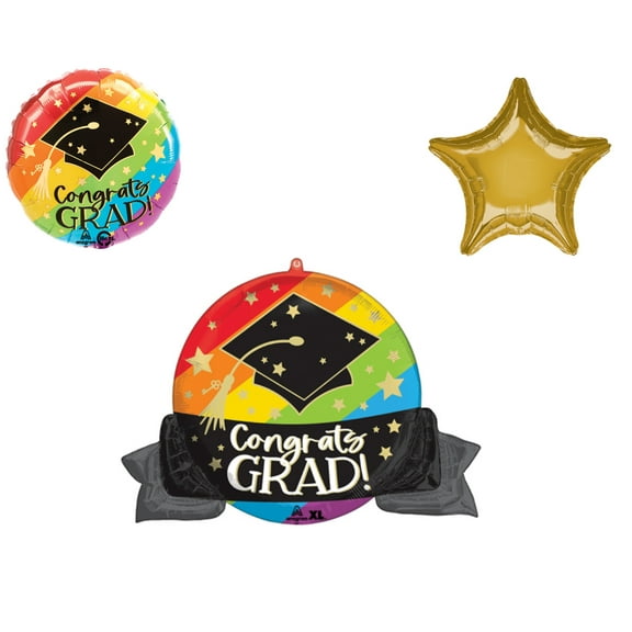 LOONBALLOON Graduation Grad Theme Balloon Set, 32 Inch Grad Bold Rainbow Balloon, Star Foil and Standard Grad Bold Rainbow Balloon