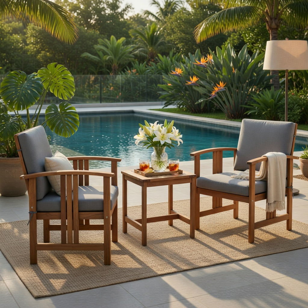 Hommoo 3-Piece Acacia Wood Outdoor Patio Sofa Set, Cushioned Garden Seating with Removable Washable Covers, Gray