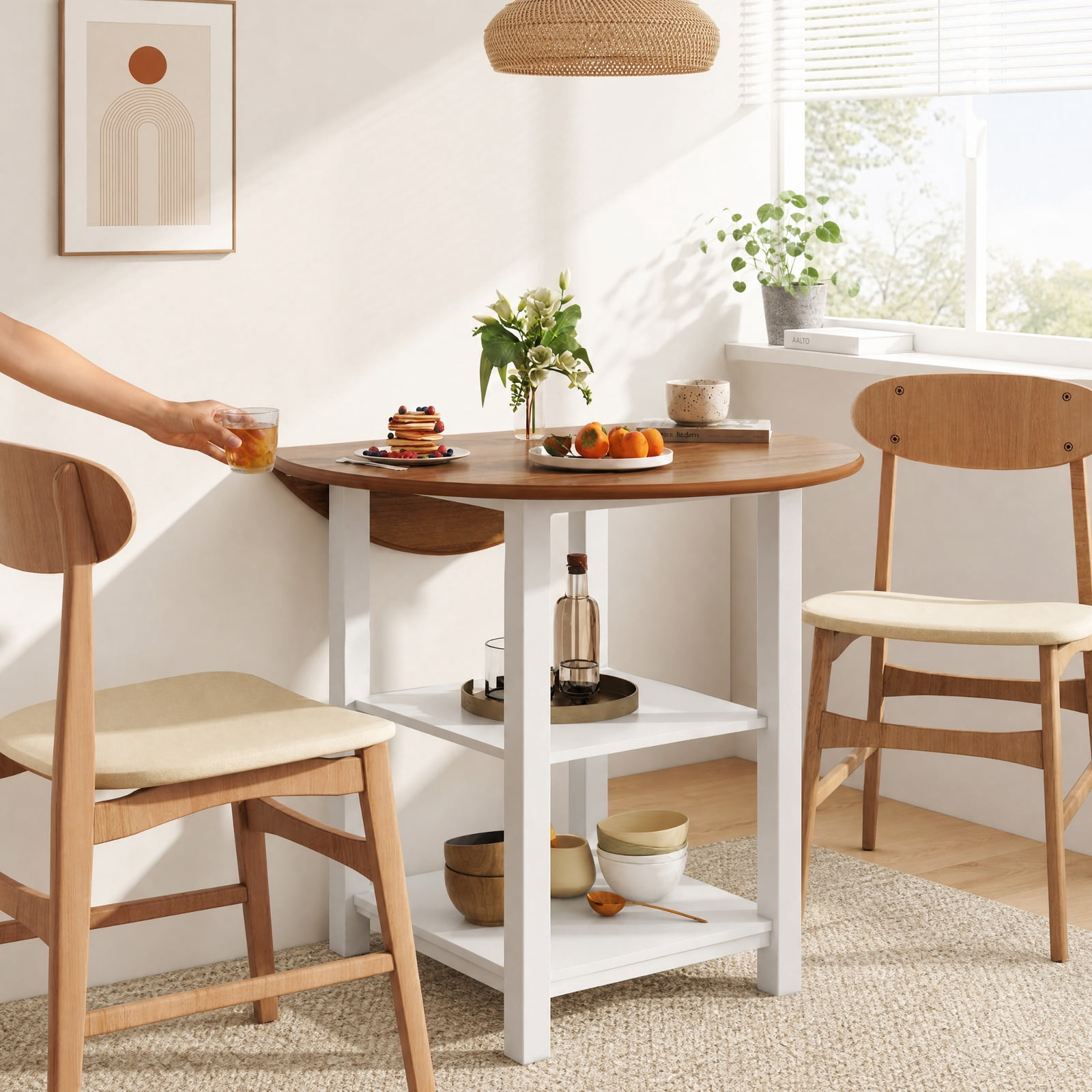 Furnibear Folding Round Drop Leaf Dining Table with 2 Storage Shelves and Solid Rubber Wood Legs for Small Spaces, White