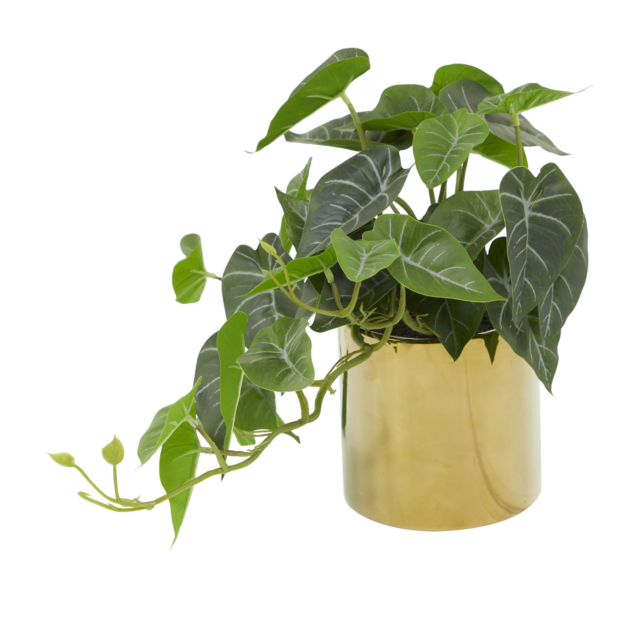 DecMode 12" Artificial Pothos Plant in Realistic Leaves and Gold Porcelain Pot