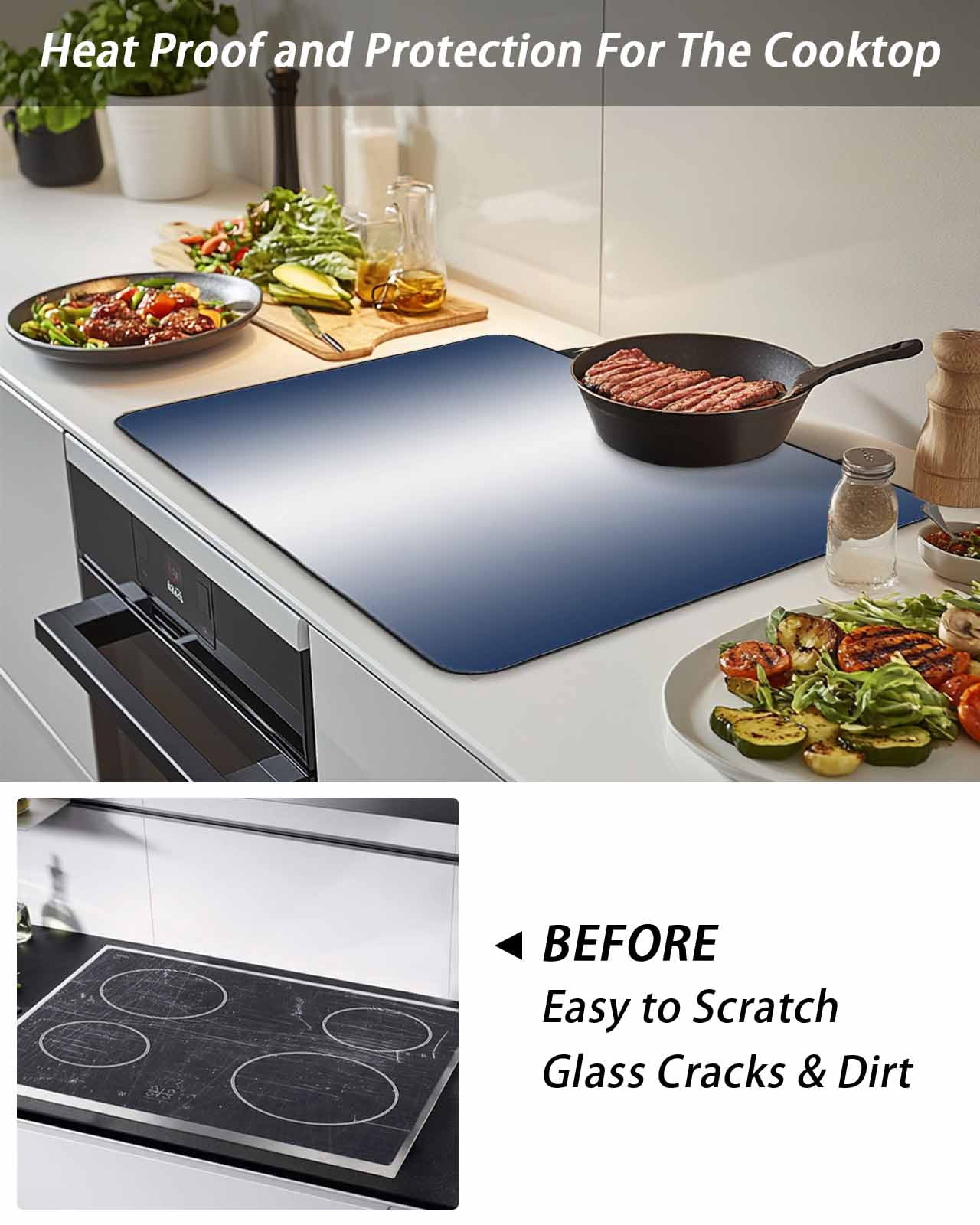 Stove Top Covers for Electric Stove, Navy Blue Ombre Glass Stovetop Cover Protector, Blue White Gradient Modern Abstract Art Induction Cooktop Protector Oven Mat for Kitchen Countertop 36"x21"