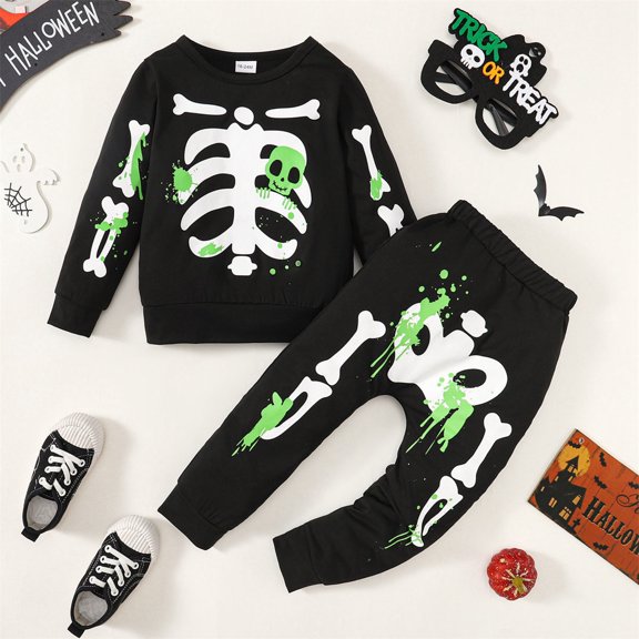 Toddler Boys Clothes 2-Piece Casual Halloween Skeleton Print Long Sleeve Tops and Pant Outfits Size 2-3T ,Black