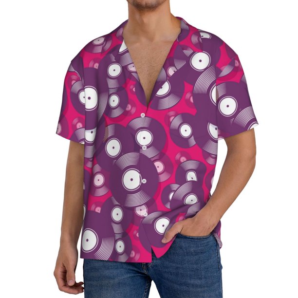 Balery Vintage Vinyl Record Camisa Casual de Manga Corta con Botones para Hombre, Texturizada, Estilo Cubano, para Playa, Verano-X-Large