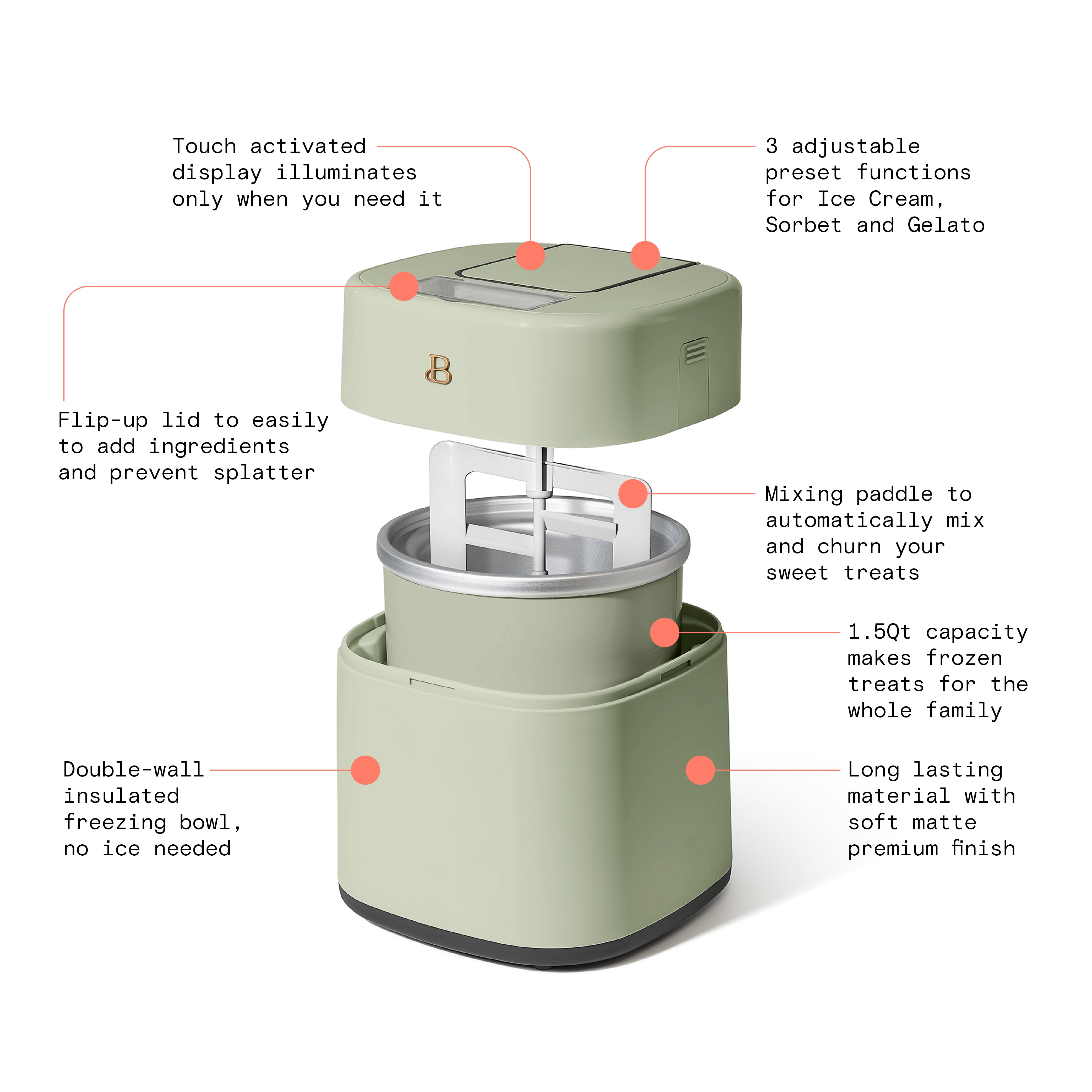 Beautiful 1.5 Qt Ice Cream Maker with Touch Activated Display, Sage Green by Drew Barrymore