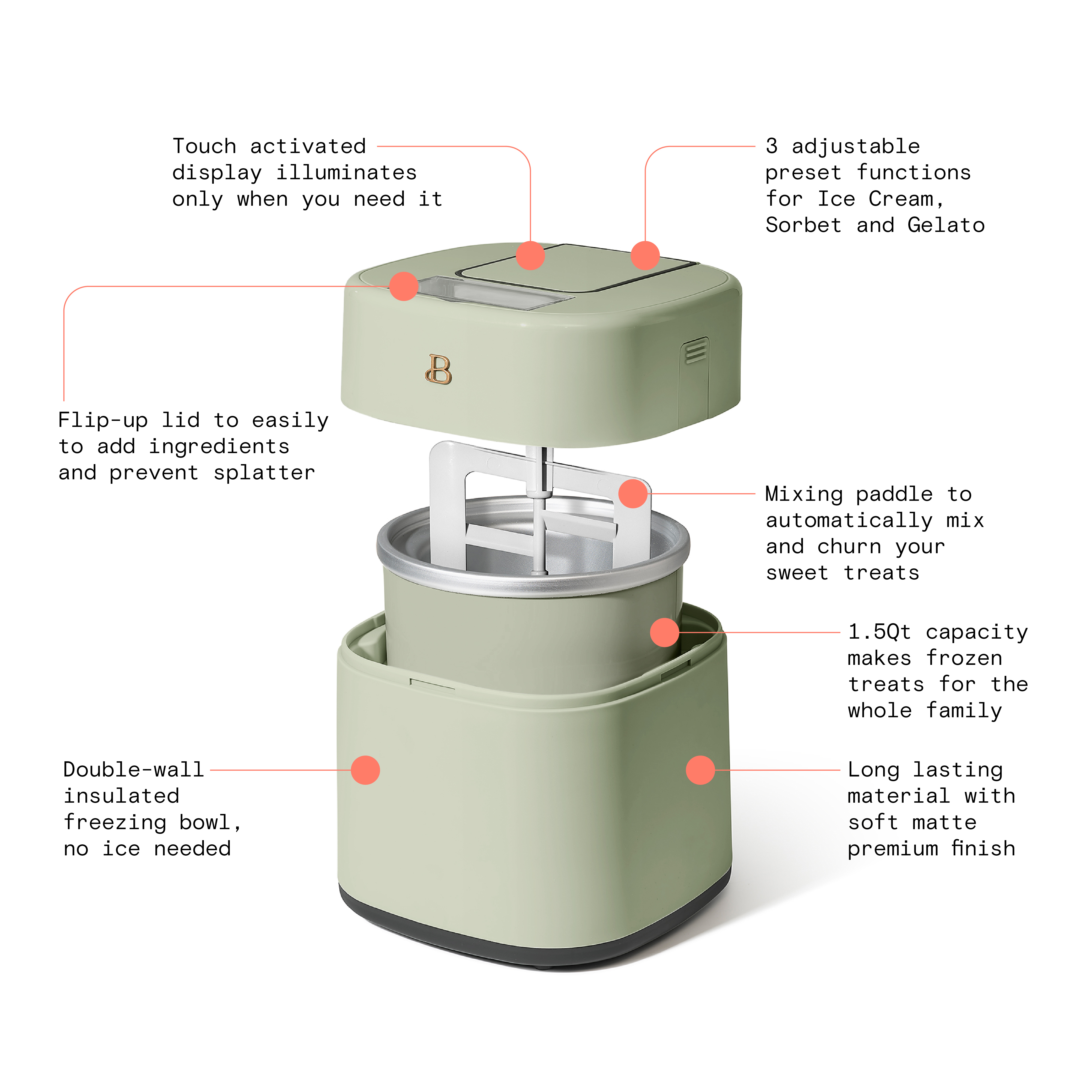 Beautiful 1.5 Qt Ice Cream Maker with Touch Activated Display, Sage Green by Drew Barrymore - image 4 of 13