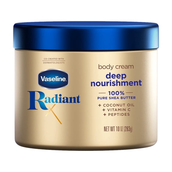 Vaseline Radiant X Deep Nourishment Body Cream 100% Pure Shea Butter, Coconut Oil, Vitamin C, & Peptides, 10 oz