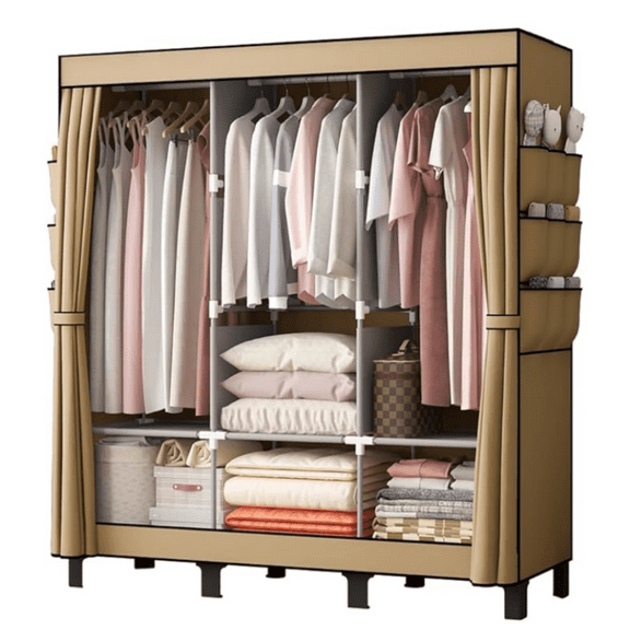 Clothes Storage Box, Simple Wardrobe for Hanging Clothes, Multiple Shelves and 3 booms,18 Side Pockets 51" W*17.7" D*67.7" H(Cream Colour)