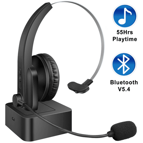 ABCPOW Trucker V5.4 Bluetooth Headset with Microphone,Noise Cancelling,Mute Button&Charging Base,Wireless On-Ear Headphones 60Hrs Playtime Wireless Headset for Office PC/Work/Cell Phone/Call Center