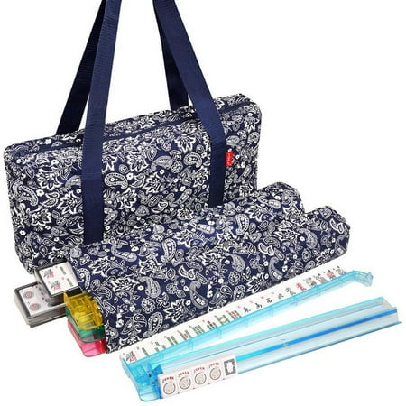 Blue Paisley Monkey - Soft-Sided American Mah Jongg Set by Linda Li with White Tiles and Modern Pushers, Blue Paisley Soft Bag