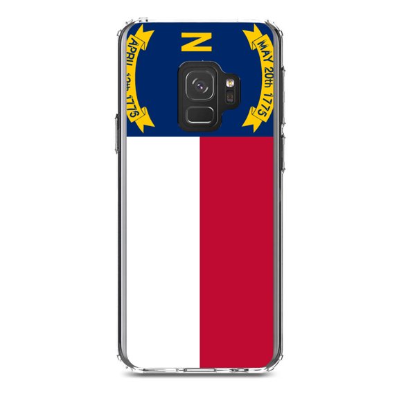 DistinctInk Clear Shockproof Hybrid Case for Samsung Galaxy S9 (5.8" Screen) - TPU Bumper, Acrylic Back, Tempered Glass Screen Protector - North Carolina State Flag - US State Flag