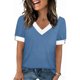 thumbnail image 1 of Mujeres Tops Casual Color Bloque Manga Corta V Cuello Blusa Moda Verano Primavera Respirable, 1 of 9