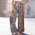 thumbnail image 4 of WTOBBY Women's Boho Floral Print Wide Leg Palazzo Pants Featuring High Waist Elastic Drawstring Side Pockets and Casual Summer Comfort ,Blue L, 4 of 6