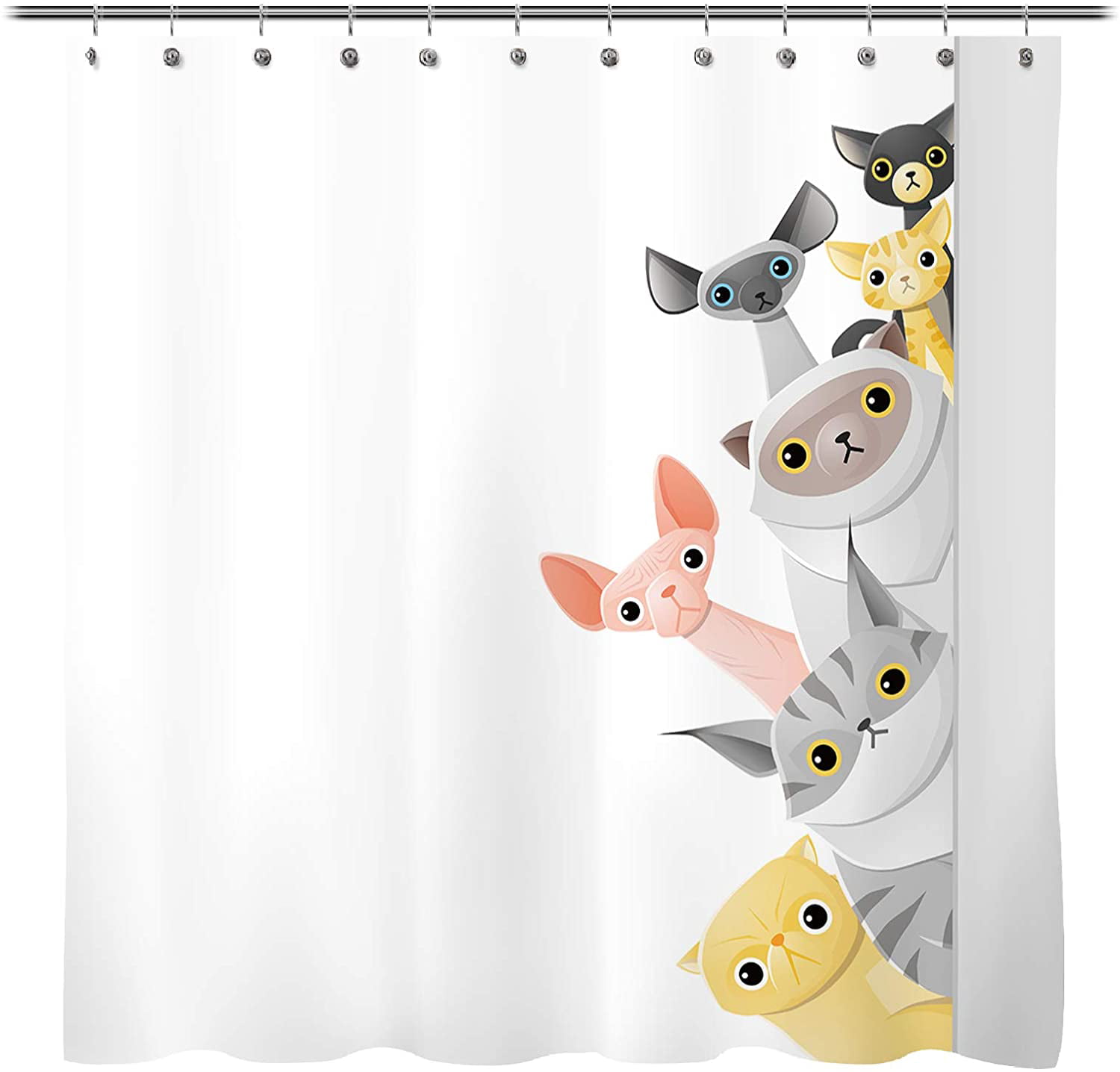 Cartoon Lovely Cat Kids Friend Bathroom Fabric Shower Curtain Set 71Inches 