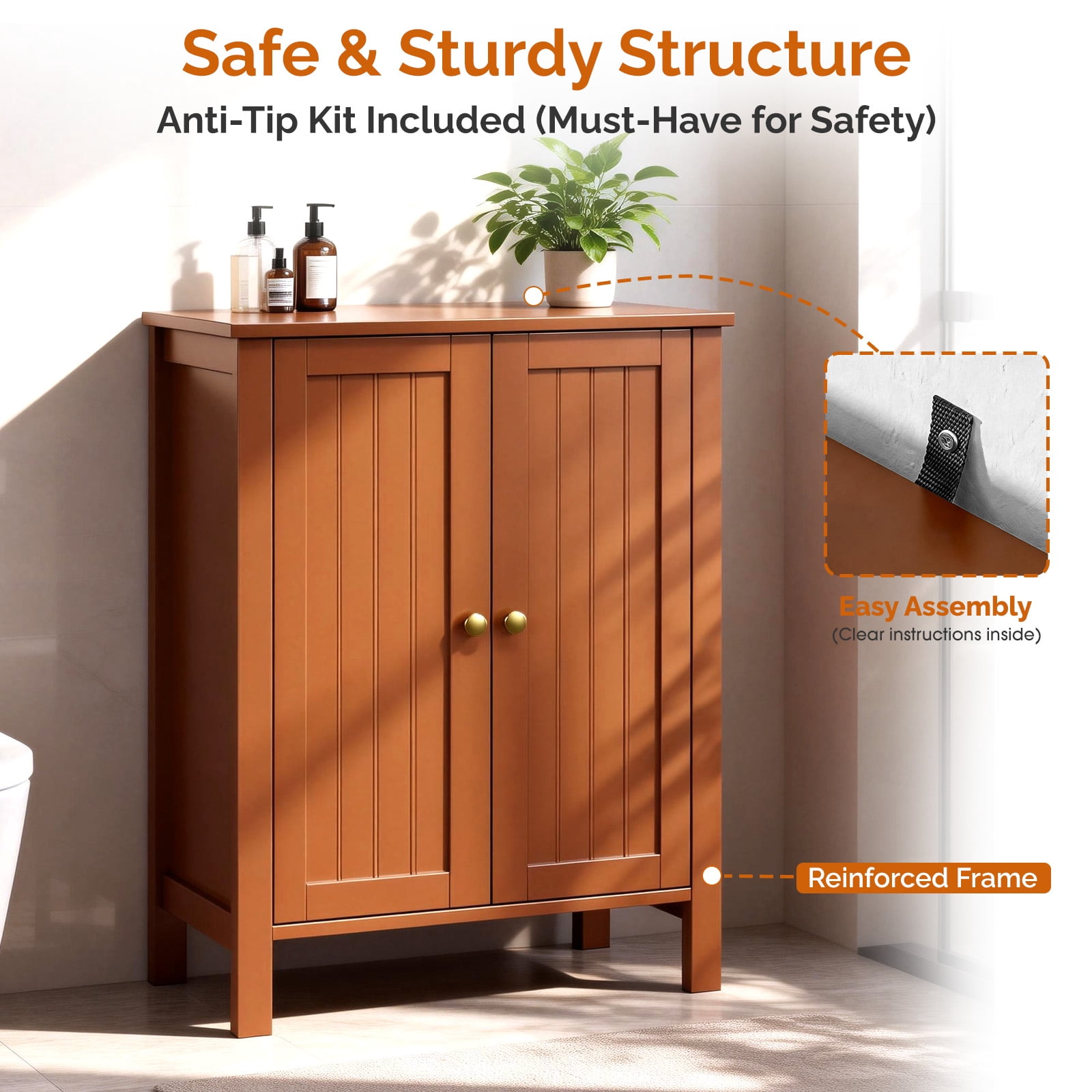 Ktaxon Bathroom Floor Cabinet Storage with 2 Doors and Adjustable Shelves, Brown
