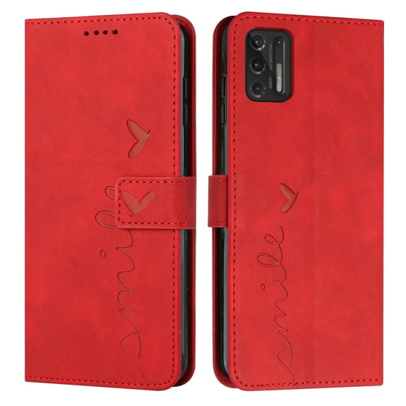 Wallet Case For Motorola Moto G Stylus 2021 (not for 5G), Magnetic Closure Heart Patterned Embossed PU Leather Kickstand Credit Card Holder Slots Wrist Strap Flip Folio Cover, Red