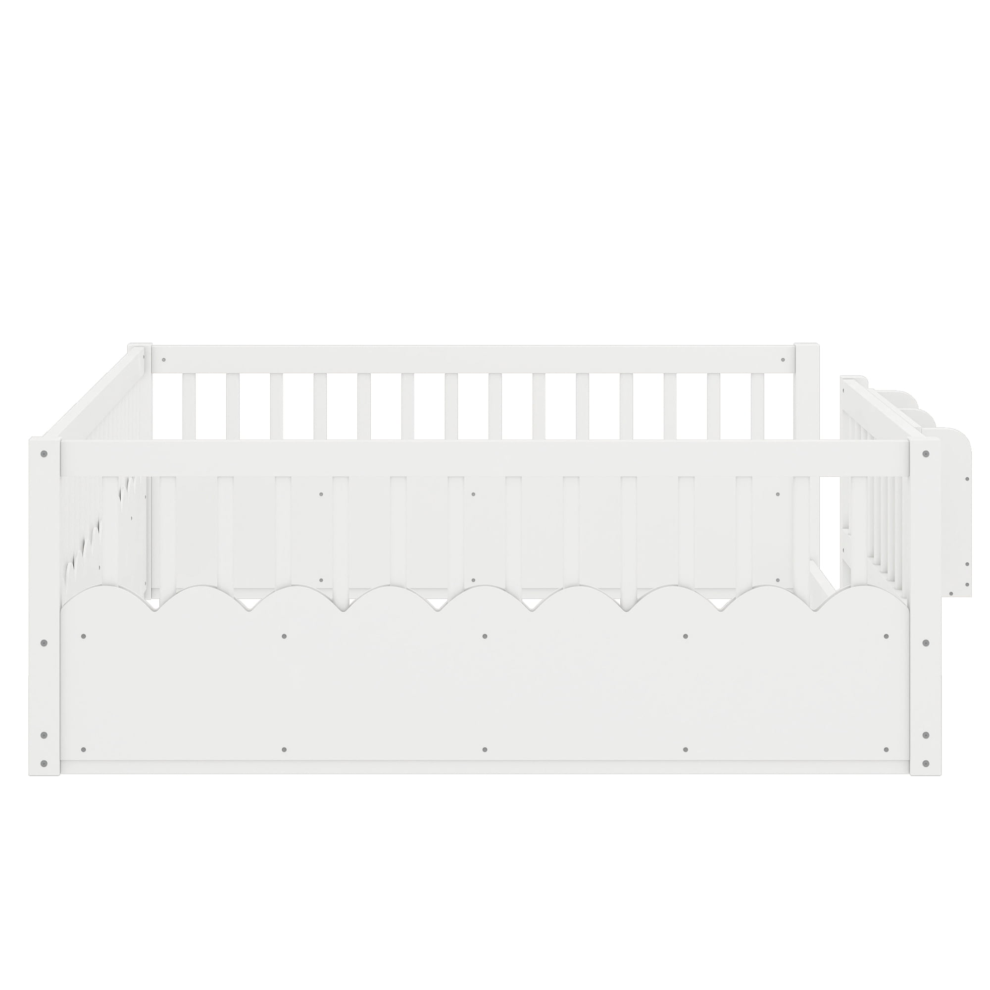 Mintazer Queen Montessori Floor Bed with Bookshelf & Heightened Fence, Kids Wood Floor Bed for Boys and Girls, White