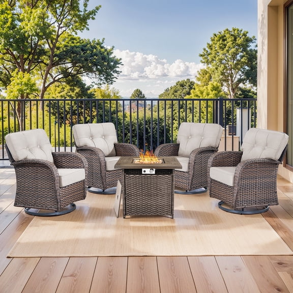 Gymojoy Outdoor 5-Piece Patio Furniture Set with 5 inch Thick Swivel Glider Chairs and 30 Inch Square Fire Pit Table, Wicker Deep Seat Outdoor Conversation Set for Balcony Deck