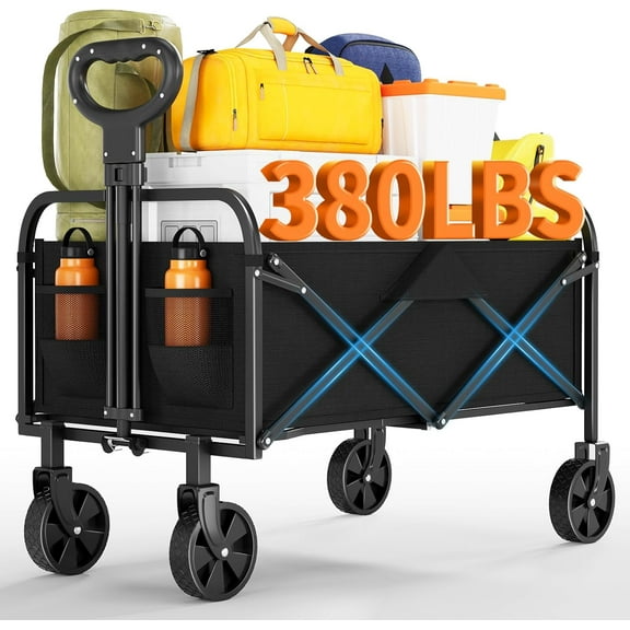 Trilenars Utility Wagon Cart - Foldable Collapsible Wagon with All-Terrain Wheels,Adjustable Handle & Drink Holders - 380LBS Capacity Portable Grocery Cart for Shopping,Camping,Garden