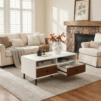 Topcobe 2 Tier 40" Length Modern Rectangle Coffee Table with Storage Shelf and Drawers, Living Room Furniture Table, Living Room Center Table, White