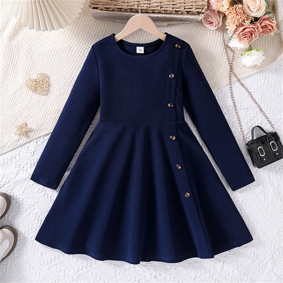 ZHOGXU Big Kids Girls Dress Long Sleeve Round Neck Solid Color Side Button Comfortable Stylish Dresses For Party And Daily Wear Navy 7-8 Years