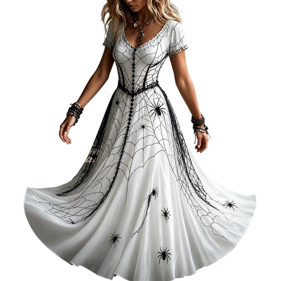 KICILVS Gothic Clothes For Women Black Spiderweb And Spider Print Flowing V Neck Long Maxi Dress Halloween Cosplay Gothic Party Dress