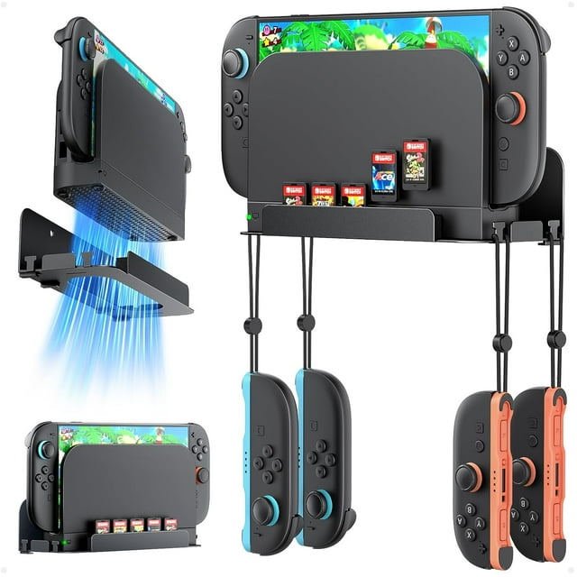 Soporte metálico de pared para la consola Nintendo Switch 2, estante organizador con 5 ranuras para tarjetas y 4 colgadores para Joy-Cons, kit de montaje detrás del televisor