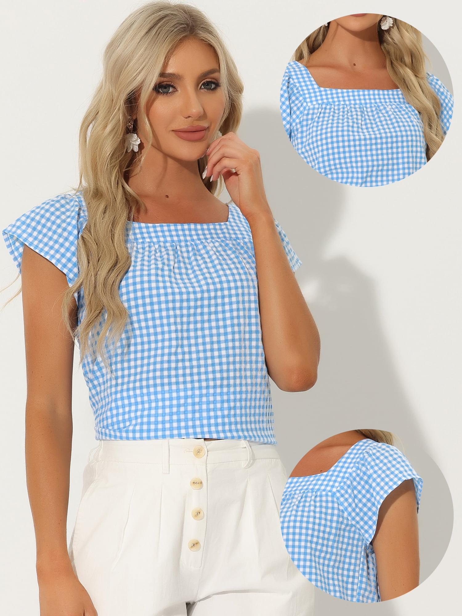 DARING DIVA Women's Summer Square Neck Gingham Cap Sleeves Blouses XL Blue