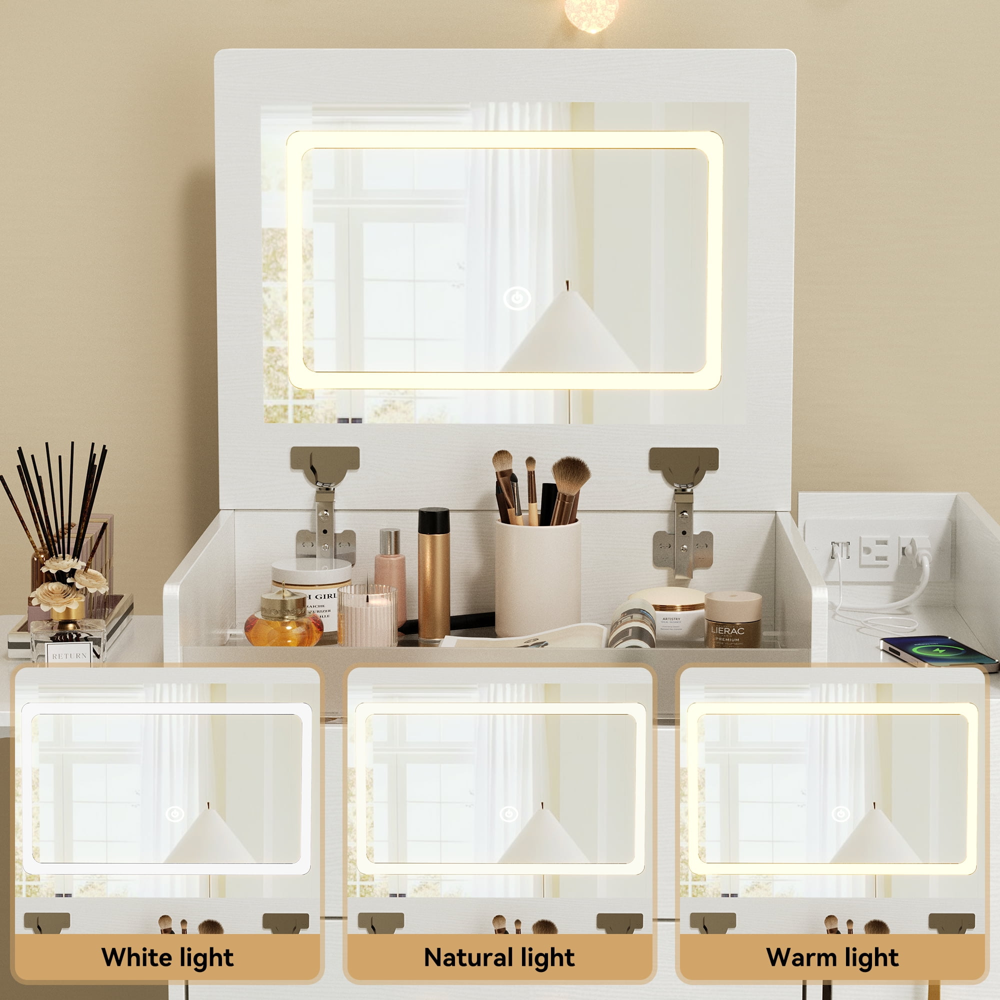 3 in 1 Vanity Desk with Plip Top Mirror and 3 Color LED Lighted, Small Vanity Desk with Power Outlet, Compact Makeup Vanity with 3 Drawers & Cabinet, Storage Stool,for Bedroom