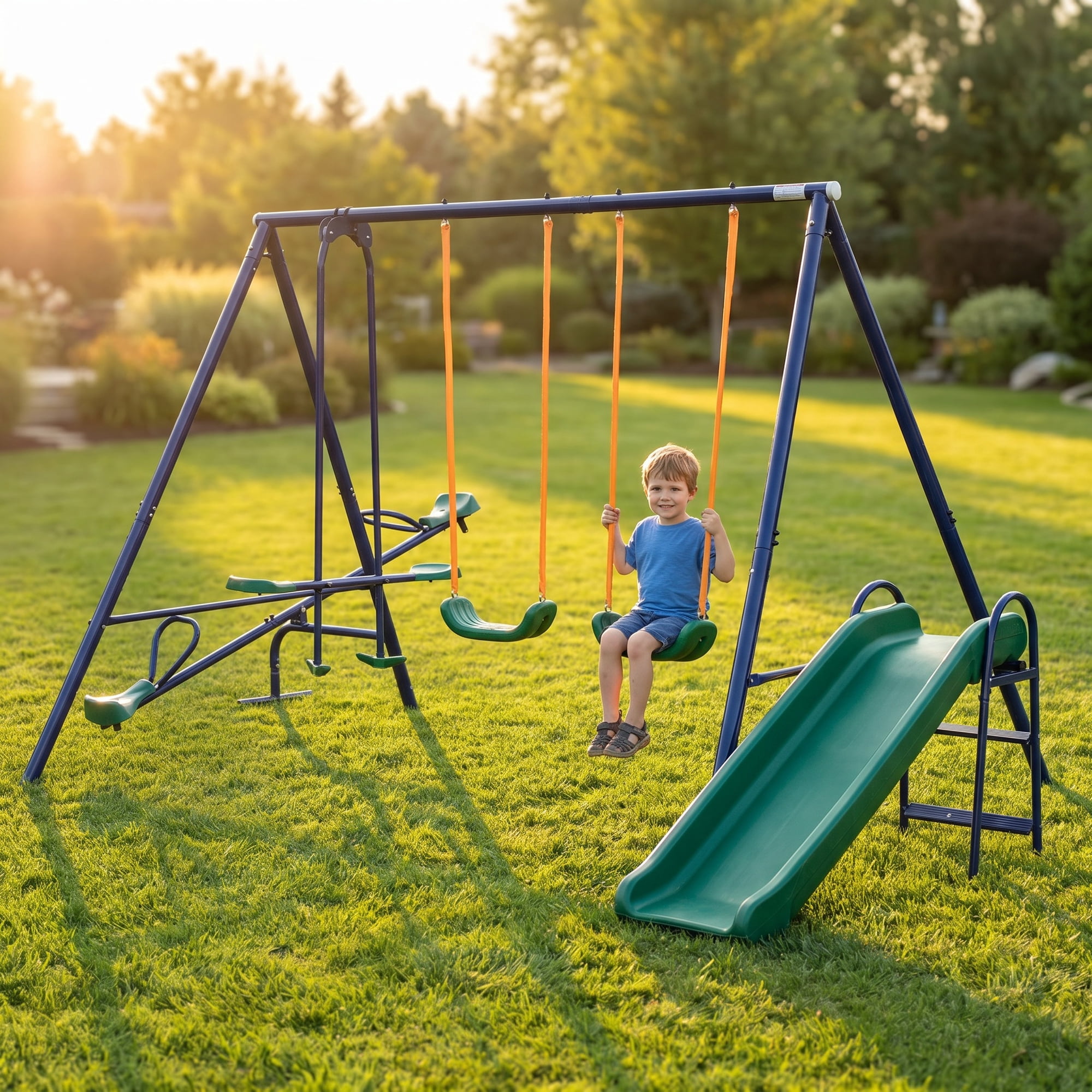 4-in-1 Kids Swing Set with Slide Seesaw & Belt Swing Heavy Duty Outdoor Backyard Playground 149 x 118 x 73 in