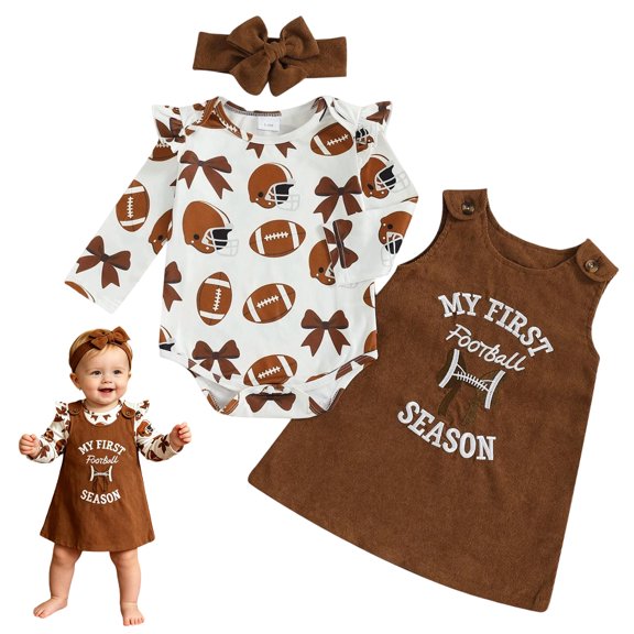 Pandaie Baby Girls Outfit Long Sleeve Football Bow Print Bodysuit Sleeveless Corduroy Overall Dress Matching Bow Headband Fall Game Day Play Sets Brown,6-12 Months