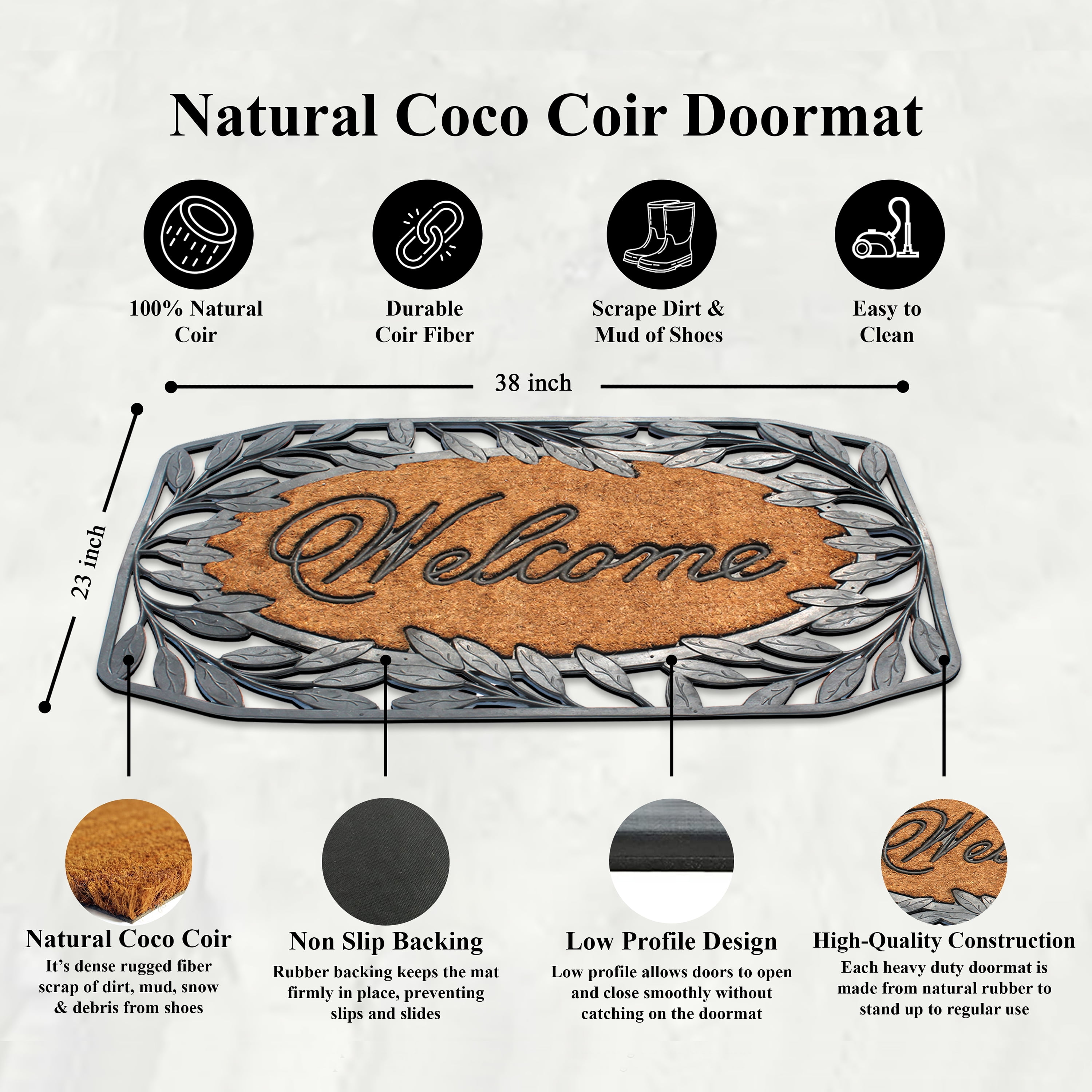 A1 Home Collections 38"×23" Natural Coir & Rubber Doormat - Decorative Welcome Design, Heavy Duty Coconut Fiber Entry Mat with Non-Slip Backing - Anti-Shed Treated, Low Profile Outdoor Front Door Mat