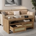 thumbnail image 3 of BeesClover 40” Boho Coffee Table with Storage,Modern Rattan Console Table with Drawers and Open Shelf, 2 Tiers Wooden Center Coffee Table for Living Room/Apartment/Farmhouse/Bedroom/Small Place(Oak), 3 of 9