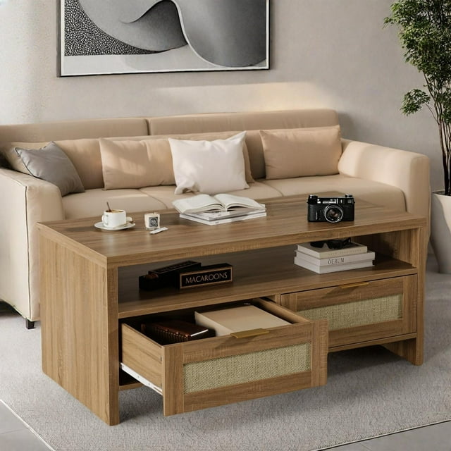 QinaQin Mesa de centro boho de 40 pulgadas con detalle de ratán, 2 cajones y repisa abierta de 2 niveles, ideal para sala, departamento o espacios pequeños