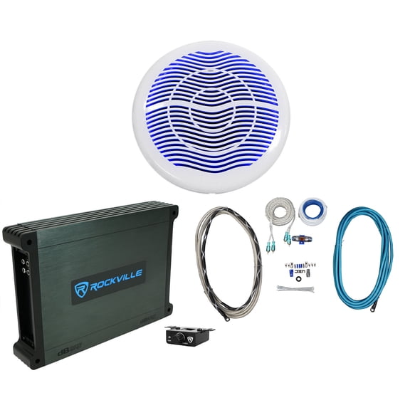 Rockville MS10LW 10" 2400w White Marine/Boat 10" LED Free Air Subwoofer Mono Amp Wire Kit