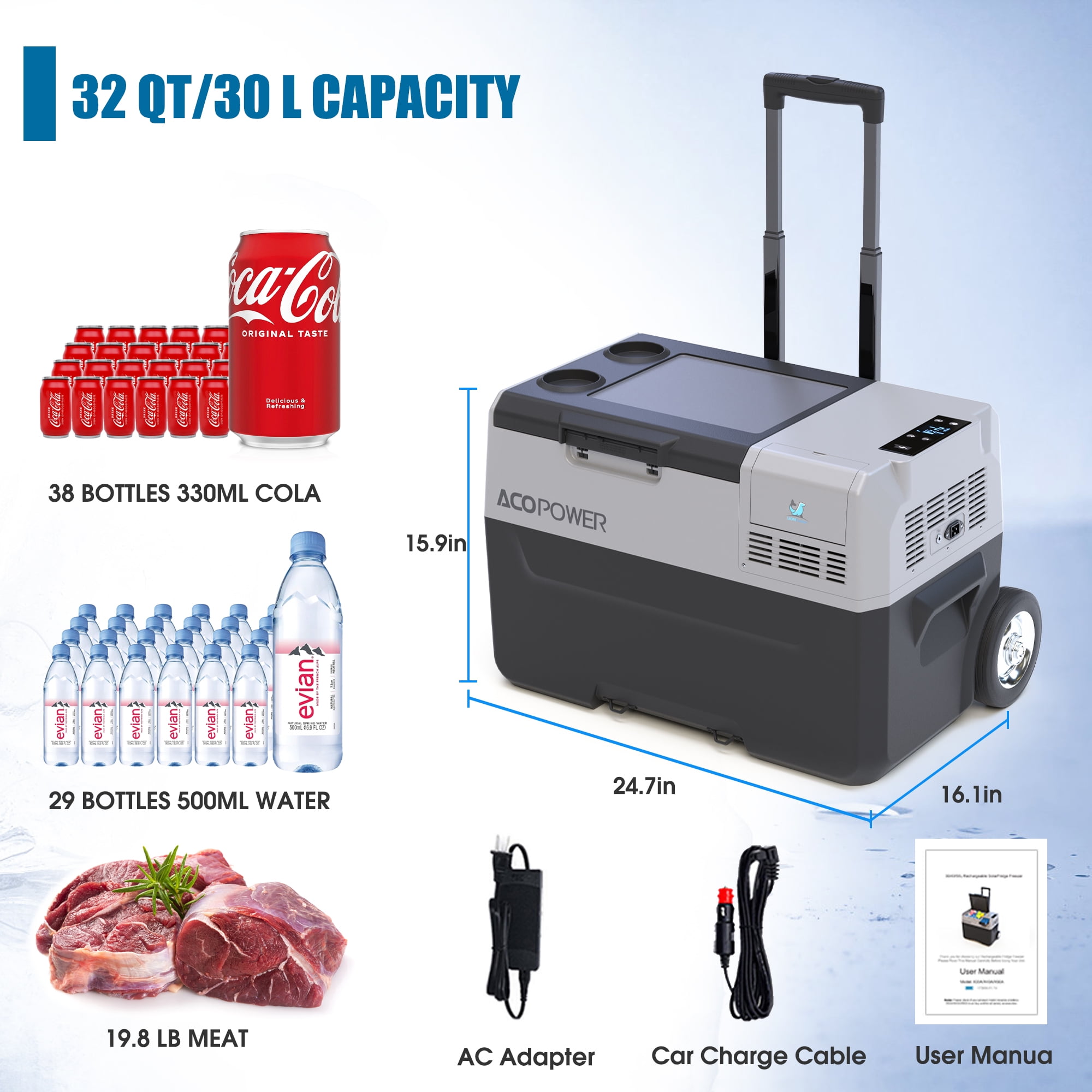 32Qt Portable Refrigerator Car Freezer with 6" off-Road Wheels, 12V,45W Cooler Freezer,Low Noice